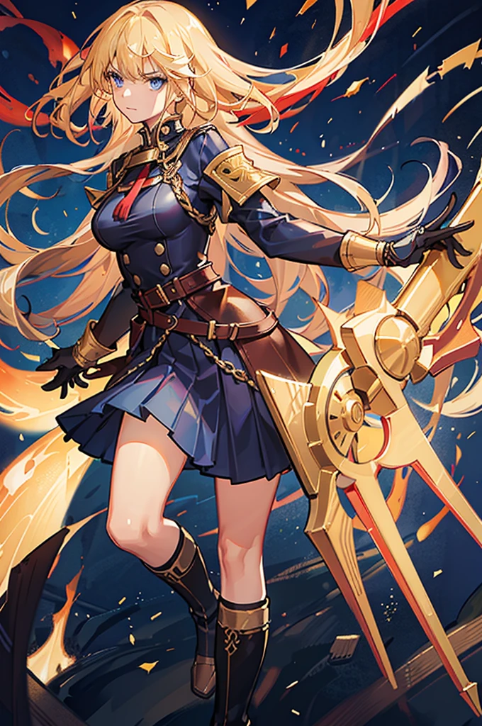 20-year-old girl, long blonde hair, blue eyes, angry expression, long dark blue skirt with gold embroidery at the hem, old-fashioned blue blouse with long fitted sleeves, adorned with red details, red leather gloves that reach her elbows, dark brown leather boots that reach mid-calf, leather belt adorned with a golden buckle and red details, her weapon is a huge greatsword with a gold and red decorated handle, hanging on her back in an ornate sheath.