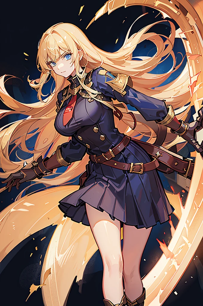 20-year-old girl, long blonde hair, blue eyes, angry expression, long dark blue skirt with gold embroidery at the hem, old-fashioned blue blouse with long fitted sleeves, adorned with red details, red leather gloves that reach her elbows, dark brown leather boots that reach mid-calf, leather belt adorned with a golden buckle and red details, her weapon is a huge greatsword with a gold and red decorated handle, hanging on her back in an ornate sheath.