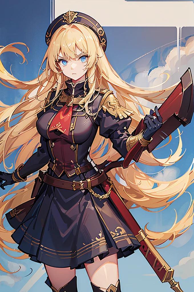 20-year-old girl, long blonde hair, blue eyes, angry expression, long dark blue skirt with gold embroidery at the hem, old-fashioned blue blouse with long fitted sleeves, adorned with red details, red leather gloves that reach her elbows, dark brown leather boots that reach mid-calf, leather belt adorned with a golden buckle and red details, her weapon is a huge greatsword with a gold and red decorated handle, hanging on her back in an ornate sheath.