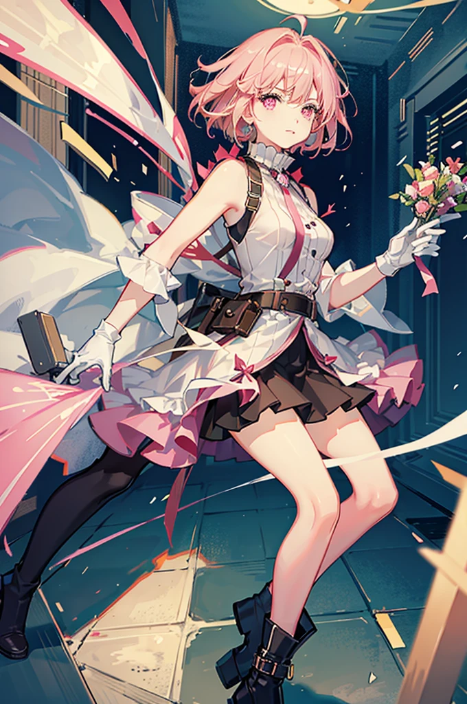 20 years old, with short pink hair just below the shoulders, pale pink eyes, and an expression that is serious yet happy. She dresses in an antique style, wearing a long light brown skirt, a sleeveless white blouse with a vertical red line down the center on the buttons, brown gloves, and high boots with many straps. Her weapons are hundreds of needles connected by thread. 