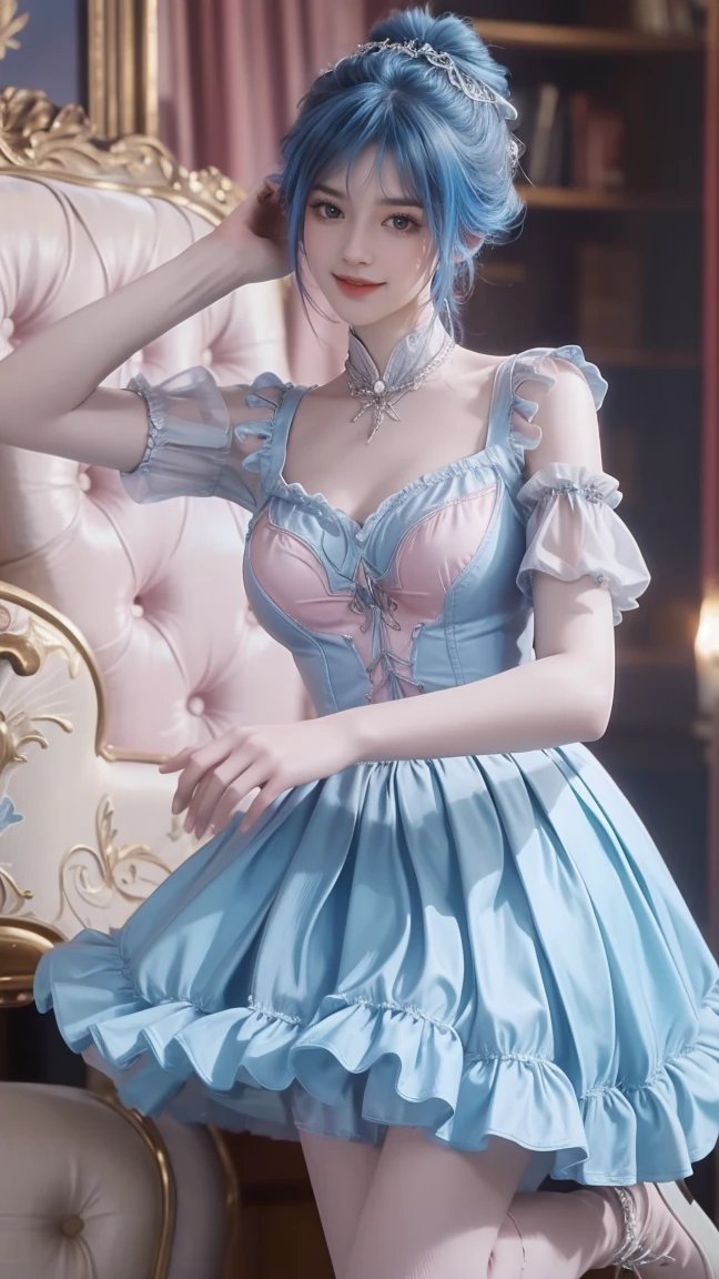 1girl, cheerful girl, blue hair, carefree and happy, smiling, laughing, The girl is wearing a beautiful dress, the girl's eyes are bright and sparkling, very beautiful, cute and sweet