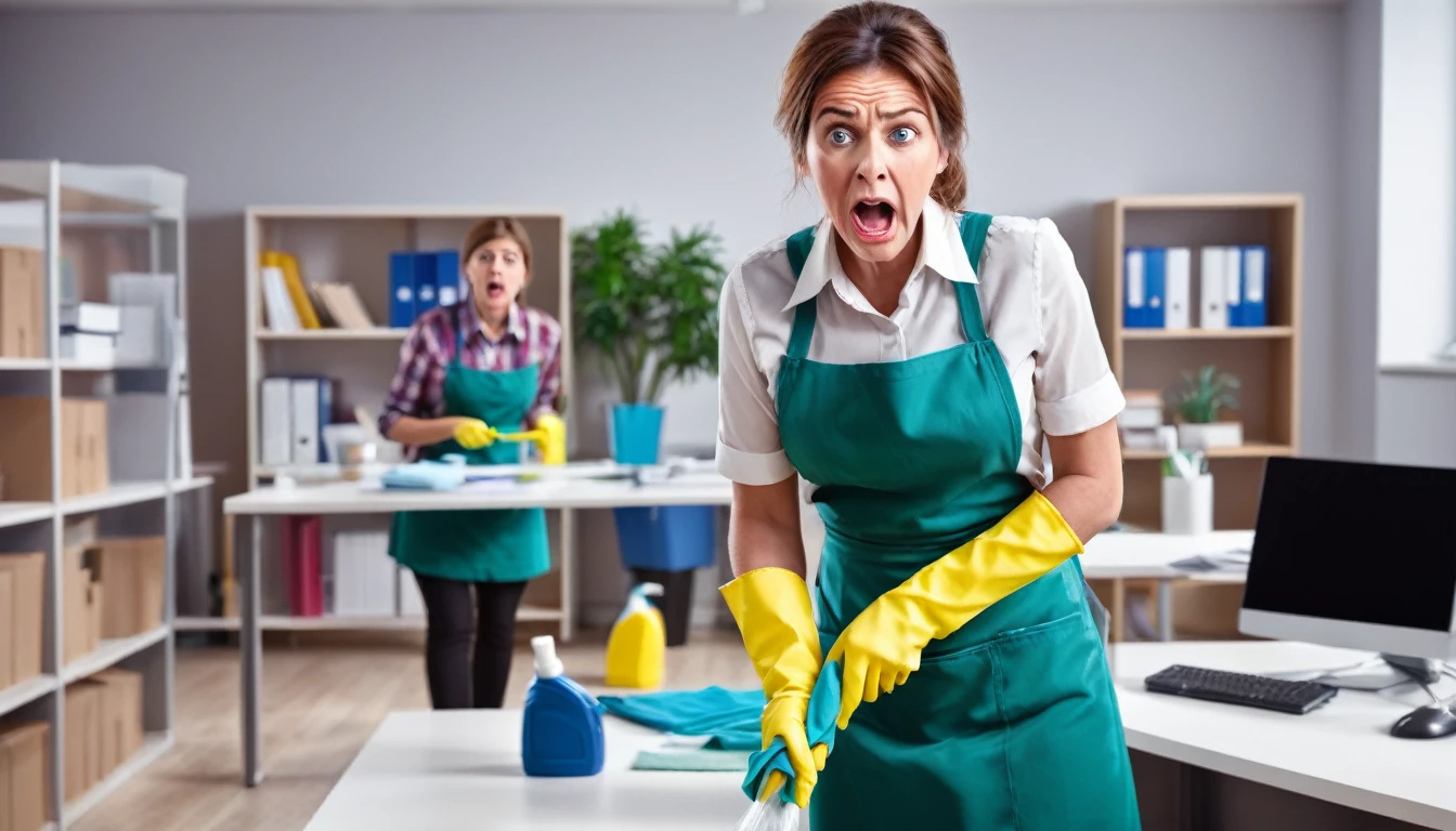 An image of a scared cleaning woman in the office, PICTURE REALISTIC, high resolution, 8K 