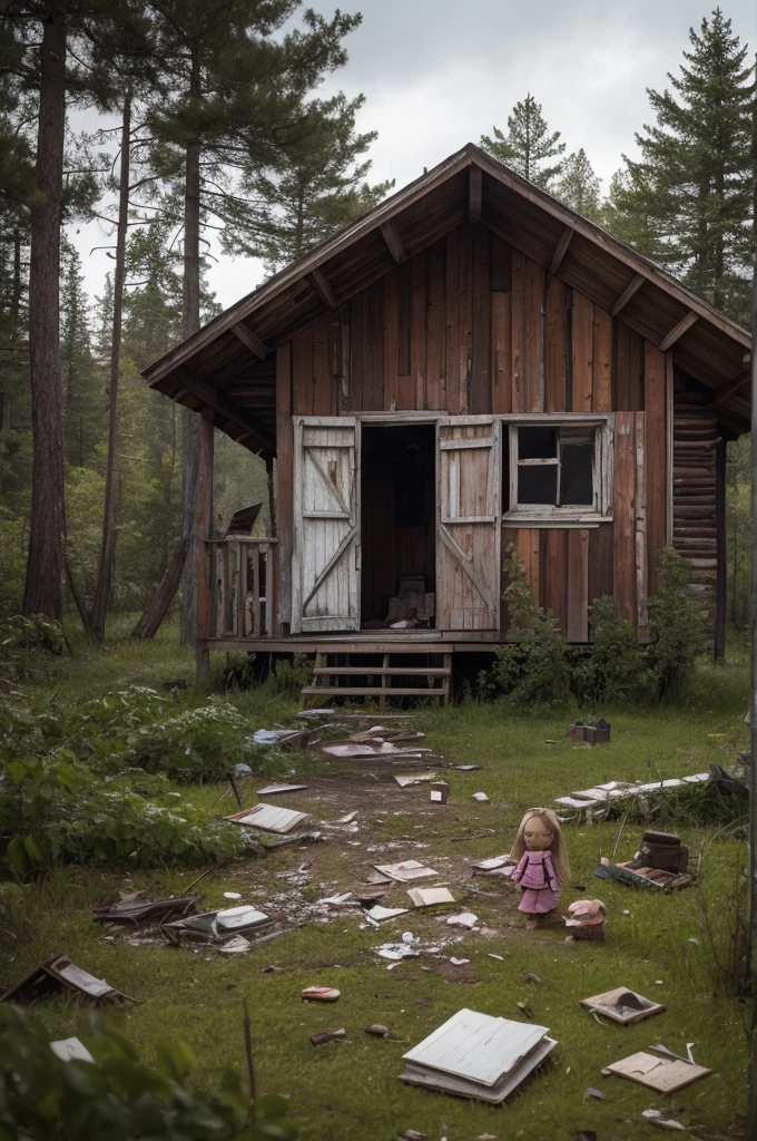 Draw an old, abandoned cabin on the island, with broken doors and windows, surrounded by mutilated dolls scattered across the floor and hanging from nearby trees at night."