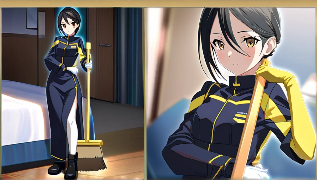 (Anime Infinite Stratus Art, 8k, ultra full high definition, epic quality, epic texture). ((He woman is sweeping the floor with a broom)). The theme is hospital hygiene. The setting is a hospital room, very detailed. There is a woman, , Brazilian, her name is Regina, she is 51 years old, very short estature, she has very long black hair, she has a beautiful face, some expression lines due to her age, light brown eyes, white skin, very skinny, very narrow chest, small breary thin waist, very narrow hips, small and round butt, slendegs, she works with hygiene, wears a very tight full navy blue sanitation uniform, she use long yellow rubber gloves in both hands, black hygiene boots in both feet, she is sensual and cheerful, she leaves men enchanted. the atmosphere is calm and sensual.