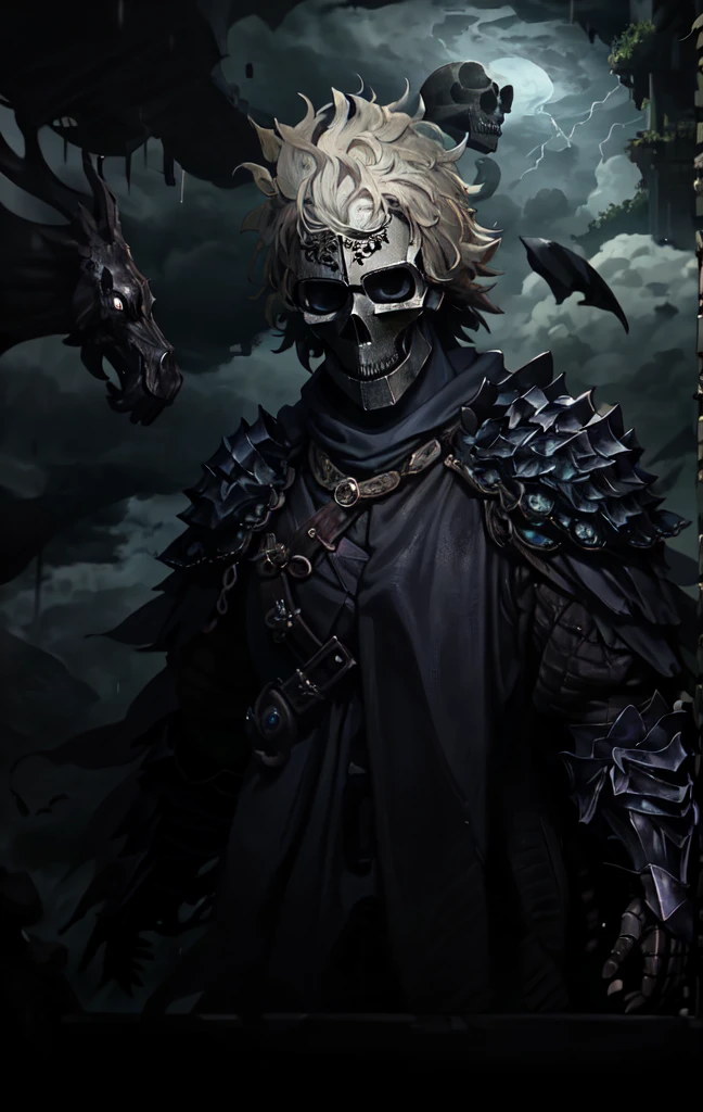 masterpiece, Best quality, detailed, 4K, cinematography, Background with: Inside an illuminated medieval village in front of a medieval castle on a rainy night, dark clouds, storm, Black knight in black steel armor (Middle aged man with short dark blue hair, pomaded), Skull decoration on armor