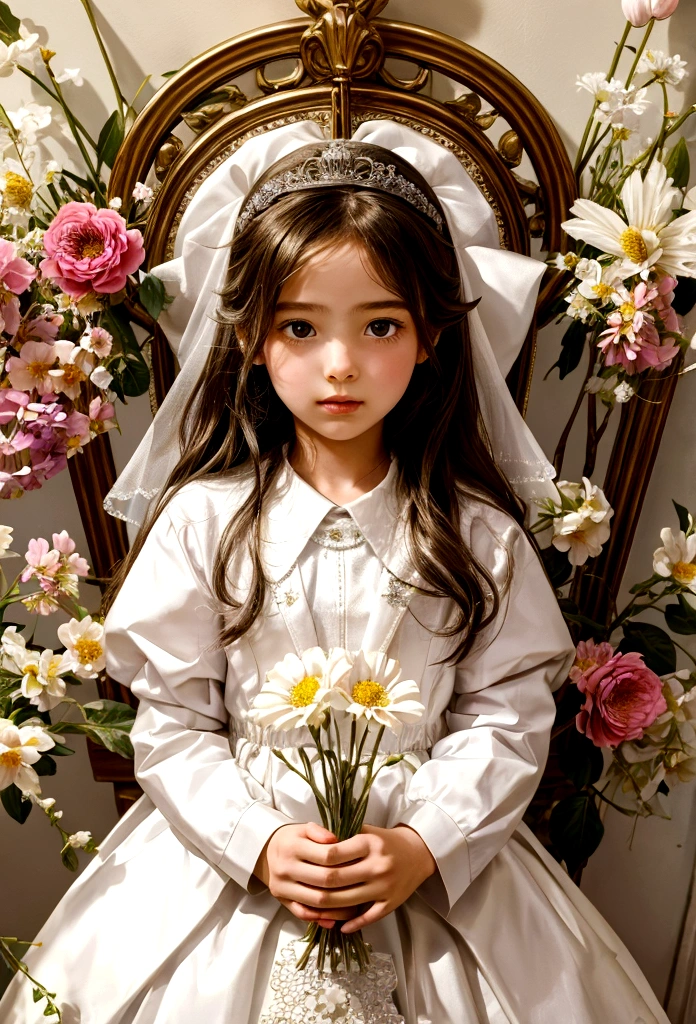 girl making first communion surrounded by flowers