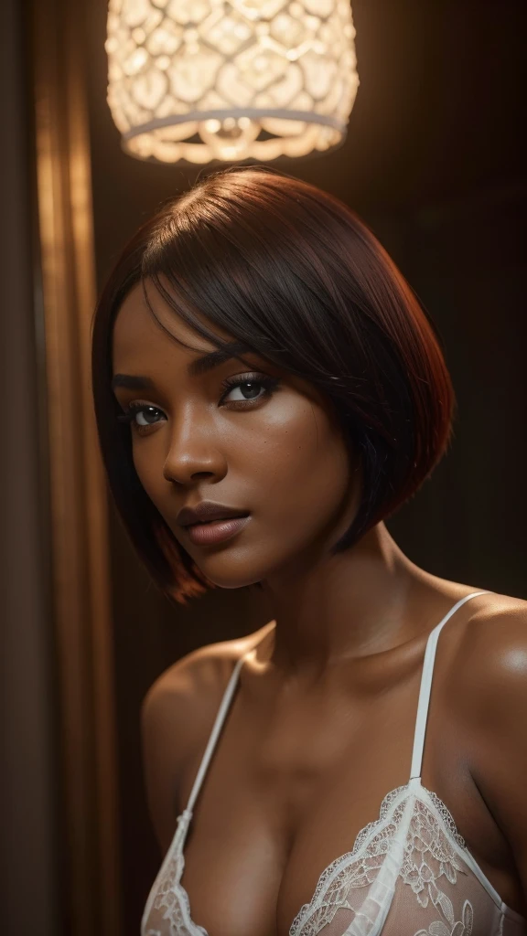 a beautiful woman with dark skin, red bob haircut, expressive blue eyes, Wearing white lace lingerie, in a room with a sexy, erotic atmosphere, (best qualityer,4K,8K,high resolution,work of art:1.2),ultra detali,(realisitic,photorealisitic,photo-realisitic:1.37),portraite,chiaroscuro lighting,dramatic lighting,cinematic,dramatic colors,rich colors,shining skin,detailed facial features,sensuous,seducer, details Intricate,dramatic lighting,film composition,sensuous,captivating expression,seducer. HDMI, hdri, HDHD,((Diffuse effect)), ((volume effect 1.1)), ((depth of field 1.1)), ((Fish-eye lens)