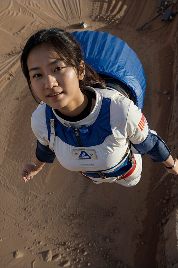 Asian female astronaut doing a paragliding on mars 