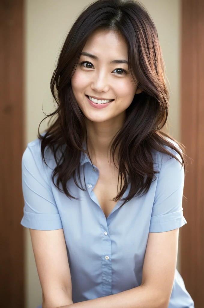 (((One girl,alone))),(Highly realistic photos, High resolution, Detailed face, Beautiful Eyes) Japanese women, 21 years old, Cute face, alone:1, Nice body, Medium chest, ,Hairstyle,  Take a photo book,Dark Sky、shirt、Healthy Body,smile,Thighine Fujiko