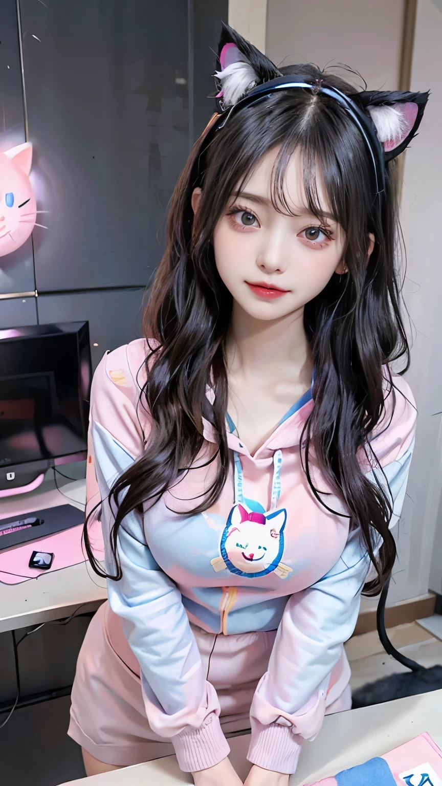 /imagine a beautiful anime girl live streaming from her room, with long black hair, big blue eyes, wearing a pink hoodie and a cute headset with cat ears, sitting in front of a modern computer setup with colorful LED lights, surrounded by plushies and posters on the wall, smiling and engaging with her audience, bright and cheerful atmosphere
