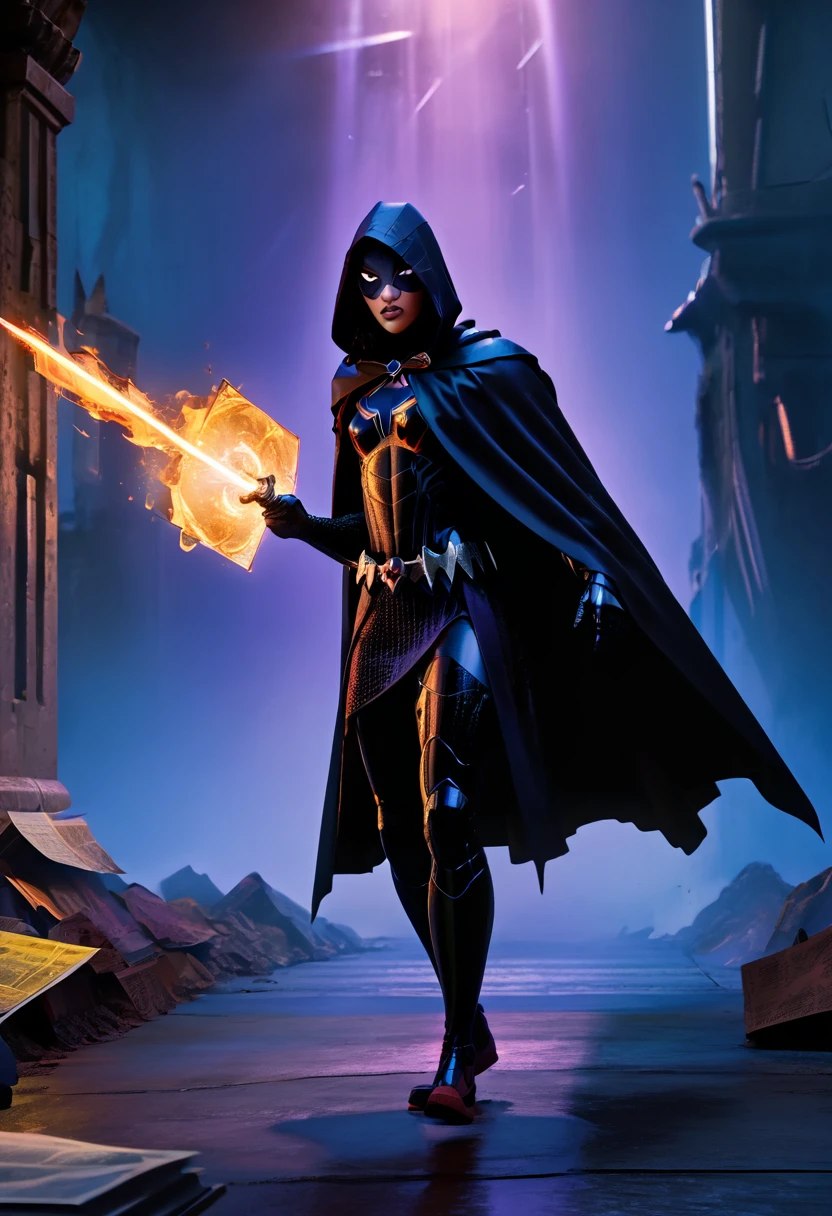 (Masterpiece, 8K, UHD, high resolution: 1.4), stylized portrait of Raven from Teen Titans in Spider-Verse style, (classic Raven outfit with cape and hood: 1.3), (bright violet eyes: 1.2), (short, dark hair: 1.2), (confident and mysterious pose: 1.2), (background with comic book elements, vibrant colors, and distortion effects: 1.3), (dynamic shadows and lights: 1.2), (dark and electrifying atmosphere: 1.3), intricate and textured details, (elements of fantasy and action: 1.2), (dynamic and powerful perspective: 1.3)
