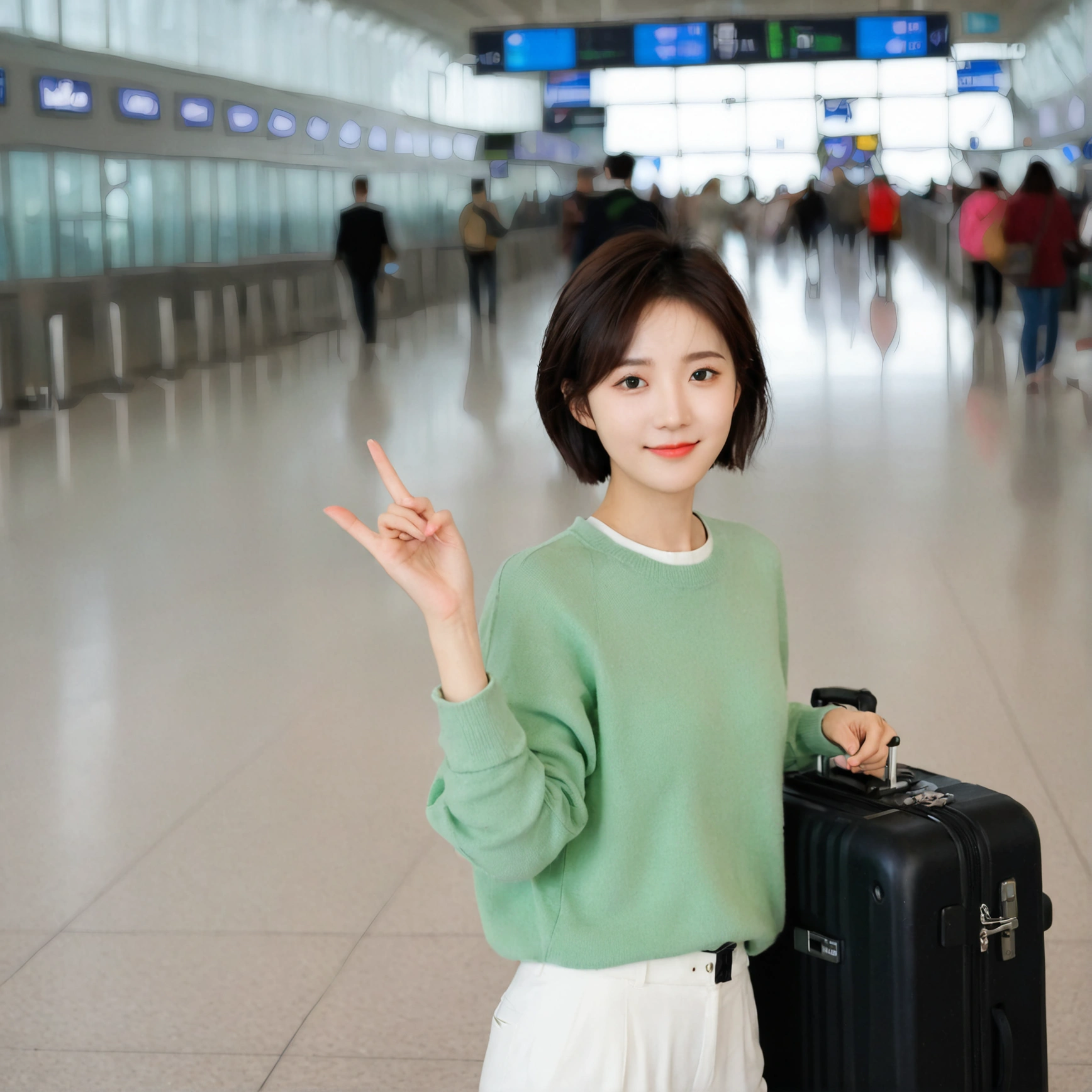 beautiful korean girl , 32 inch chest size, Your eyes are big and pretty. Short in stature. Standing in the departure hall of the airport. . short medium hair, Standing in line at the departure hall of Frankfurt Airport, Germany. He wore a white shirt, a green jumper, and white casual pants.s.Dragging a suitcase. short medium hair, short height, Full body shot with Canon camera 16-35 wide angle lens, short medium hair. expressionless, full body shot, Express your fingers perfectly, perfect fingers, Make the airport electronic display visible, 멀리 full body shot, uhd
