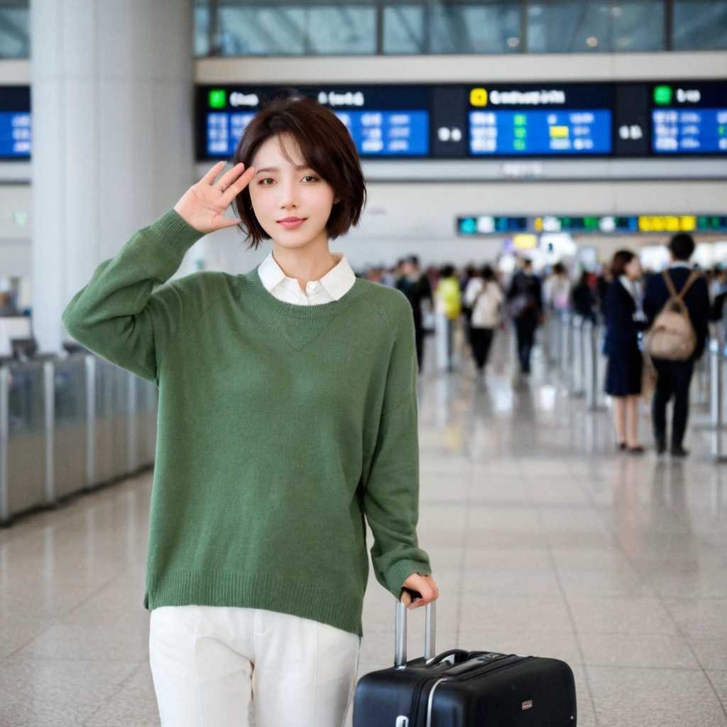 beautiful korean girl , 32 inch chest size, Your eyes are big and pretty. Short in stature. Standing in the departure hall of the airport. . short medium hair, Standing in line at the departure hall of Frankfurt Airport, Germany. He wore a white shirt, a green jumper, and white casual pants.s.Dragging a suitcase. short medium hair, short height, Full body shot with Canon camera 16-35 wide angle lens, short medium hair. expressionless, full body shot, Express your fingers perfectly, perfect fingers, Make the airport electronic display visible, 멀리 full body shot, uhd