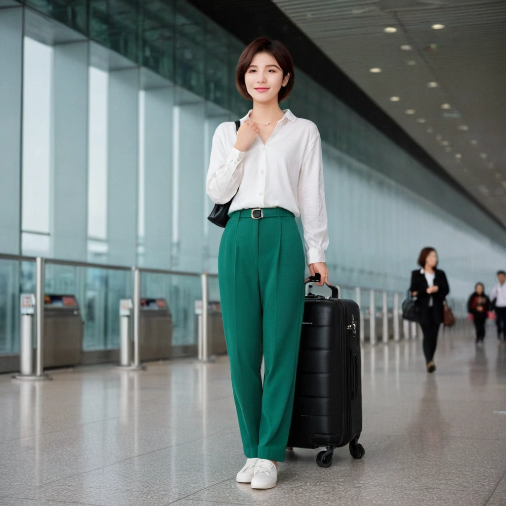 beautiful korean girl , 32 inch chest size, Your eyes are big and pretty. Short in stature. Standing in the departure hall of the airport. . short medium hair, Standing in line at the departure hall of Frankfurt Airport, Germany. He wore a white shirt, a green jumper, and white casual pants.s.Dragging a suitcase. short medium hair, short height, Full body shot with Canon camera 16-35 wide angle lens, short medium hair. expressionless, full body shot, Express your fingers perfectly, perfect fingers, Make the airport electronic display visible, 멀리 full body shot, uhd