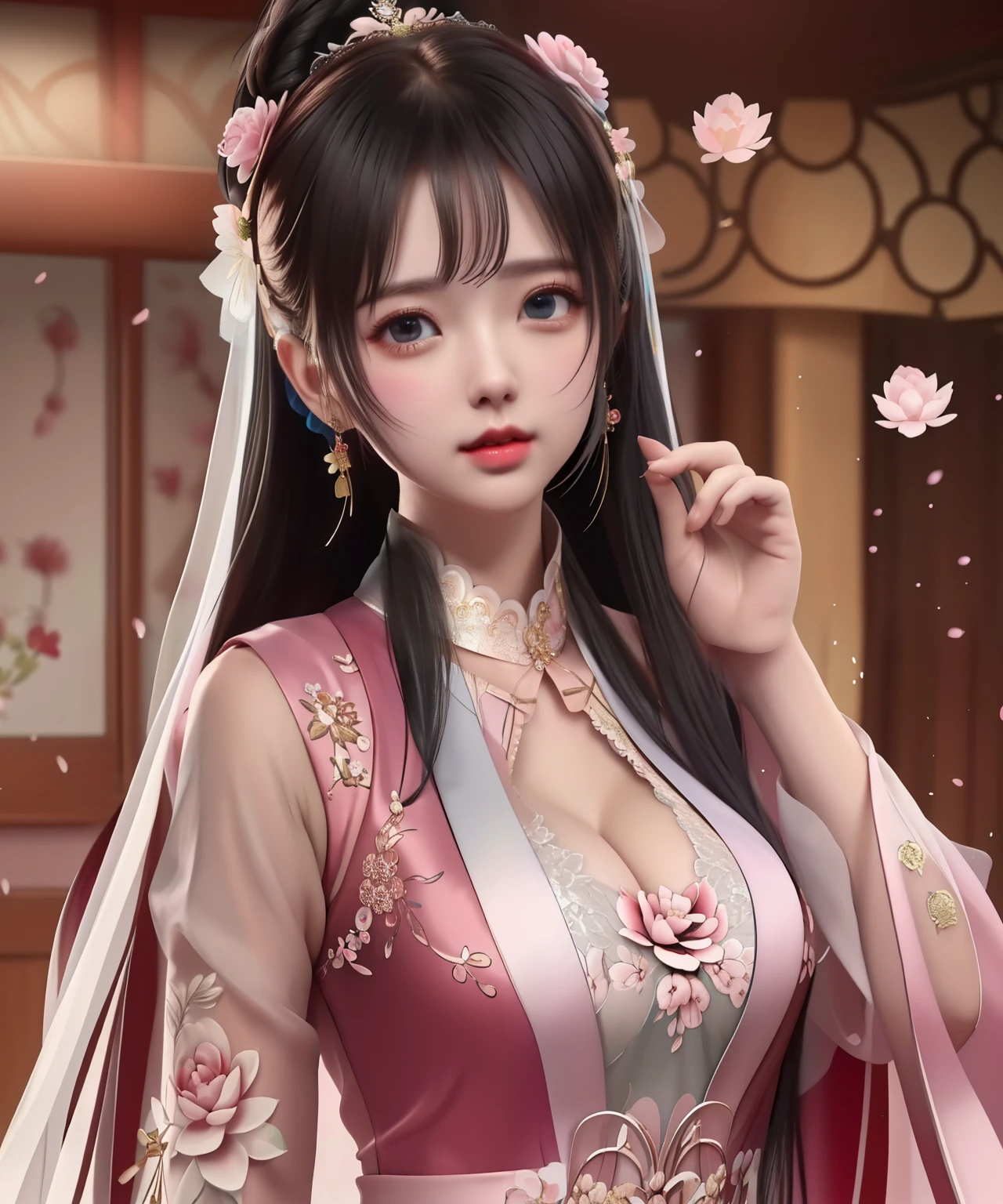 (8k, RAW photo:1.2), best quality, ultra high res,dramatic angle,(fluttered detailed color splashs), (illustration),(((1 girl))),(long hair),(rain:0.9), (Headdress:1.4),There is an ancient palace beside the girl,Hanfu,(Key Points),Color ink painting,(Splash of Color),Splash of Color,(((colorful))),(sketch:0.8) , Masterpiece, best quality, beautiful painted, highly detailed,(denoising:0.6),[splash ink],((ink refraction)), (beautiful detailed sky),moon,highly,detaild,(masterpiece, best quality, extremely detailed） CG Unity 8k Wallpaper，masterpiece，best quality，Ultra Detailed），（Lycoris）.shoulder ballet dress open V-chested clothes Thin silk lace dress short skirt , (huge ，cleavage),, white pink, blue ，best qualtiy，tmasterpiece，Ultra-high resolution，（Reality：1.4），RAW photogr，（True skin texture：1.3），（filmgrain：1.3），（Selfie angle），1个Giant Breast Girl，Beautiful eye and face details，tmasterpiece，Best quality at best，，The chest more exposed， detailed hair, bra pink , detail 8k, full body, lace pettico