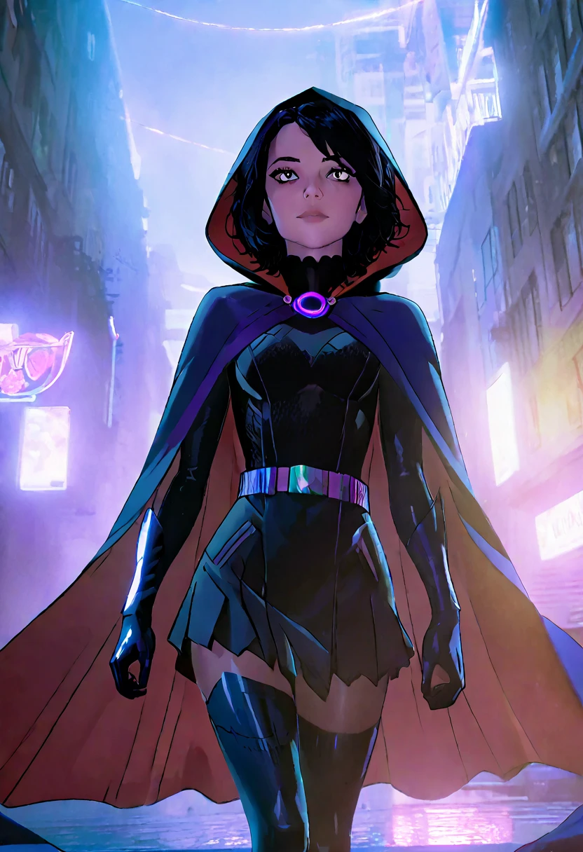 (Masterpiece, 8K, UHD, high resolution: 1.4), stylized portrait of Raven from Teen Titans in Spider-Verse style, (classic Raven outfit with cape and hood: 1.3), (bright violet eyes: 1.2), (short, dark hair: 1.2), (confident and mysterious pose: 1.2), (background with comic book elements, vibrant colors, and distortion effects: 1.3), (dynamic shadows and lights: 1.2), (dark and electrifying atmosphere: 1.3), intricate and textured details, (elements of fantasy and action: 1.2), (dynamic and powerful perspective: 1.3)