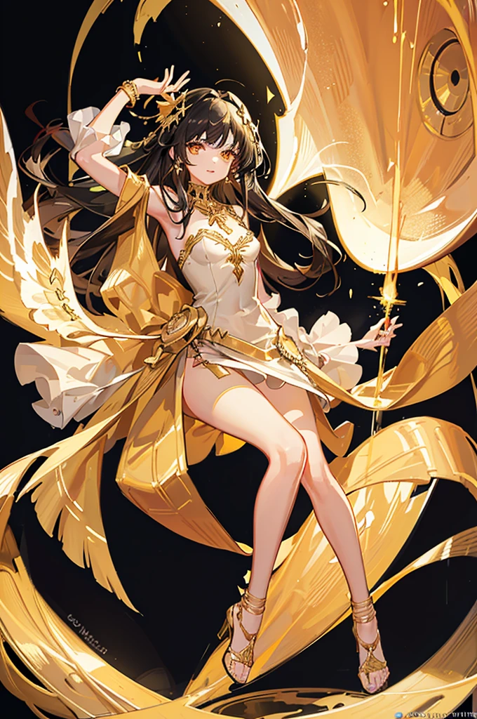 20 years old, with long black hair down to her waist, golden eyes. She wears jewelry and dresses in an antique style, donning a long white dress with golden details. She wears elegant gladiator sandals. She possesses golden powers and has a golden-themed background. 