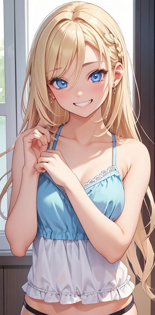 Realistic、1 Housewife、Blonde、Braiding、blue eyes、(Eye focus:1.3,Face Focus,Upper Body),(Gradient Eye:1.3),(camisole　sexy　panties
)、Open your mouth,(Grin:1.3),amount,Cute face、Bring your fingers to your mouth,