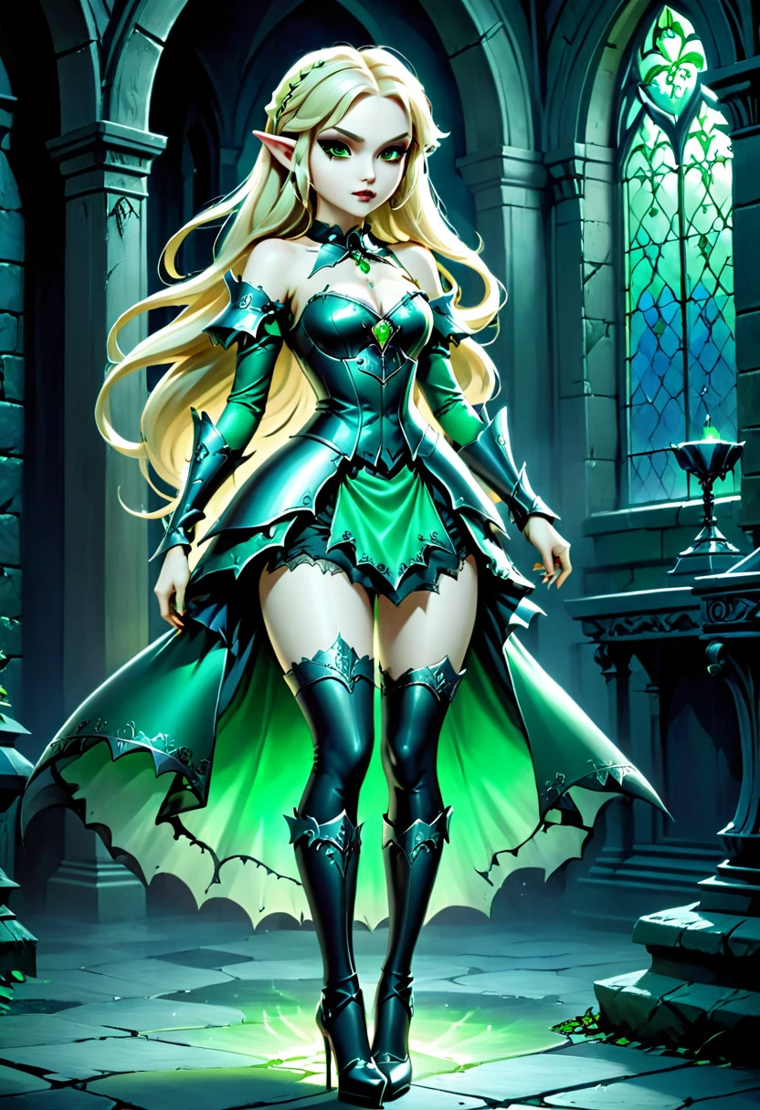 Dark fantasy art, fantasy art, goth art, a picture of the elf Princess Zelda as vampire, exquisite beauty, full body shot, dark glamour shot, pale white skin, blond hair, long hair, wavy hair, (glowing green: 1.3) eyes, she wears a ((green: 1.3)) intricate armor, thigh high heels, , ArmoredDress, the roses are imprinted on the dress (black: 1.4) black roses betmd, high heells, dark castle porchm, dark, black and colorm, Dark Art Painting Style, hud_s1n, short black dress, long sleeves, veil, thighhighs, goth person