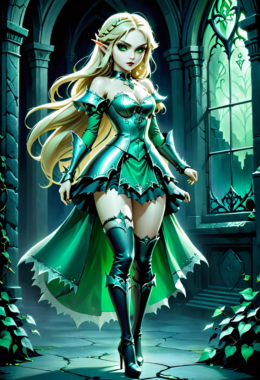 Dark fantasy art, fantasy art, goth art, a picture of the elf Princess Zelda as vampire, exquisite beauty, full body shot, dark glamour shot, pale white skin, blond hair, long hair, wavy hair, (glowing green: 1.3) eyes, she wears a ((green: 1.3)) intricate armor, thigh high heels, , ArmoredDress, the roses are imprinted on the dress (black: 1.4) black roses betmd, high heells, dark castle porchm, dark, black and colorm, Dark Art Painting Style, hud_s1n, short black dress, long sleeves, veil, thighhighs, goth person