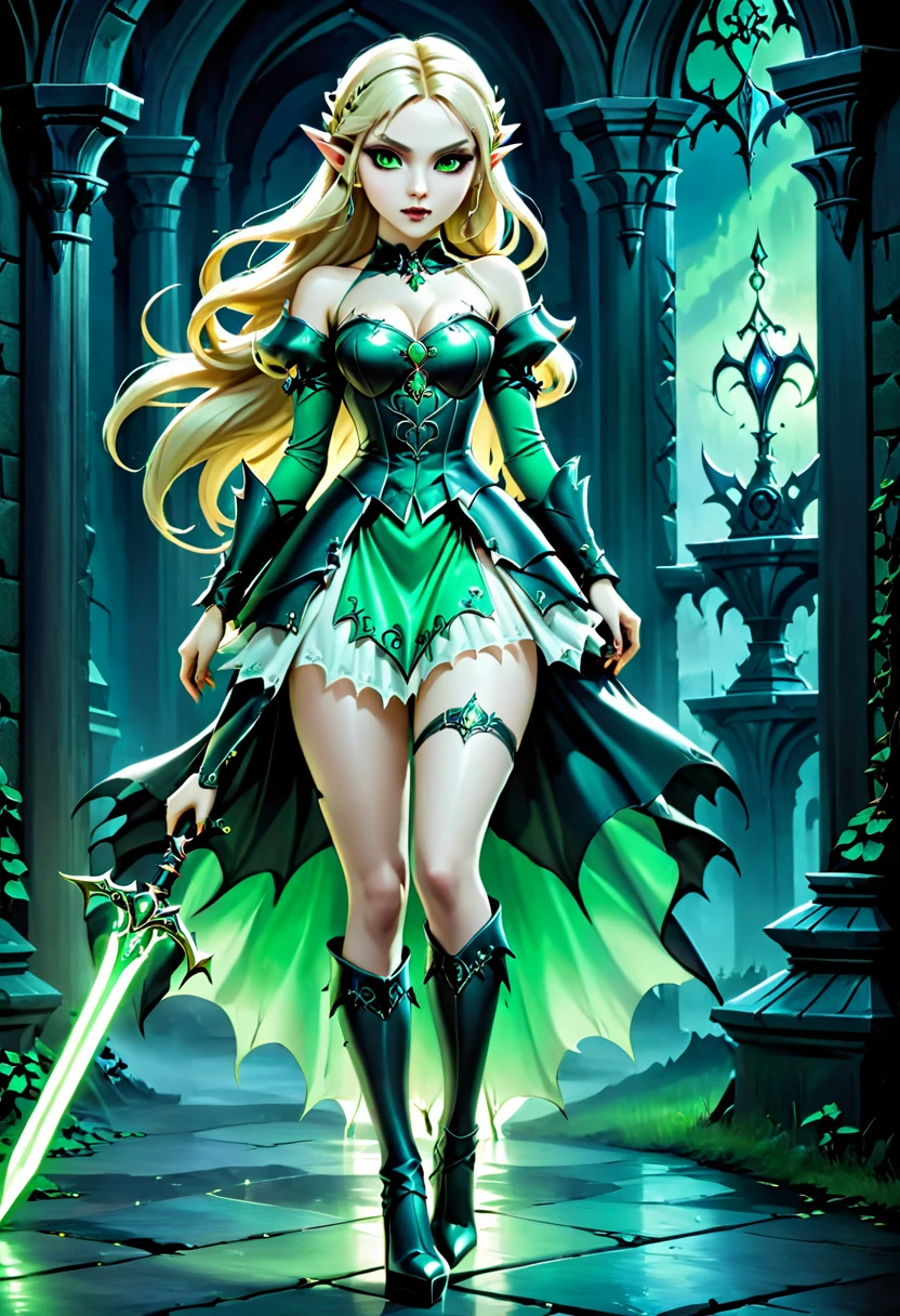 Dark fantasy art, fantasy art, goth art, a picture of the elf Princess Zelda as vampire, exquisite beauty, full body shot, dark glamour shot, pale white skin, blond hair, long hair, wavy hair, (glowing green: 1.3) eyes, she wears a ((green: 1.3)) intricate armor, thigh high heels, , ArmoredDress, the roses are imprinted on the dress (black: 1.4) black roses betmd, high heells, dark castle porchm, dark, black and colorm, Dark Art Painting Style, hud_s1n, short black dress, long sleeves, veil, thighhighs, goth person
