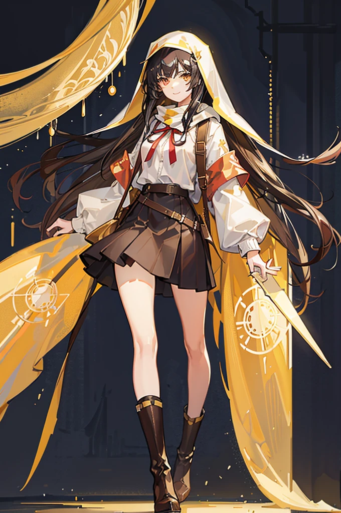 "Tall Girl, 20 years old, with long black hair down to her waist, golden eyes, and smile. She dresses in an antique style, She wears a brown skirt longer on one side than the other, large brown boots up to the knees with lots of ribbons, a backpack, a white blouse, and a hijab on her head. , She possesses golden powers and has a golden-themed background." 