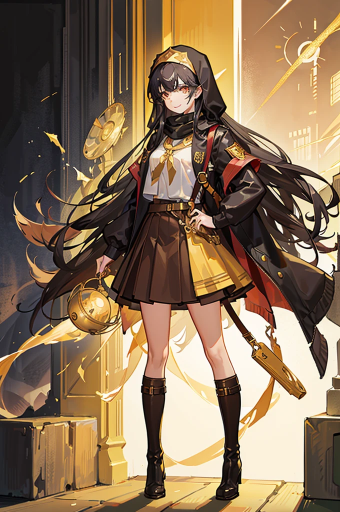 "Tall Girl, 20 years old, with long black hair down to her waist, golden eyes, and smile. She dresses in an antique style, She wears a brown skirt longer on one side than the other, large brown boots up to the knees with lots of ribbons, a backpack, a white blouse, and a hijab on her head. , She possesses golden powers and has a golden-themed background."
