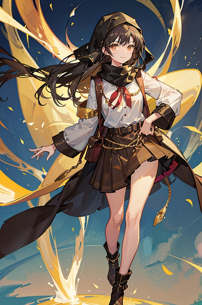 "Tall Girl, 20 years old, with long black hair down to her waist, golden eyes, and smile. She dresses in an antique style, She wears a brown skirt longer on one side than the other, large brown boots up to the knees with lots of ribbons, a backpack, a white blouse, and a hijab on her head. , She possesses golden powers and has a golden-themed background." 