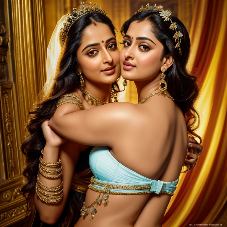 Looks like Anushka Shetty, Masterpiece, Best quality, high clarity eyes, critically flawless,sharp picture, Full portrait, High pixels, perfect face, perfect eyes, beautiful face, perfect hands,perfect fingers, in Peter Paul Rubens style, by Peter Paul Rubens, baroque style, acrylic on canvas, highly detailed, description: "Create a nymph inspired by the tales of Greek or Roman mythology, embodying the essence of a natural element or location, and possessing a unique ability or trait that sets her apart.", strapless Bra of ancient times, strapless bralette, armpits showing, detailed armpits, ravishing beauty queen, 