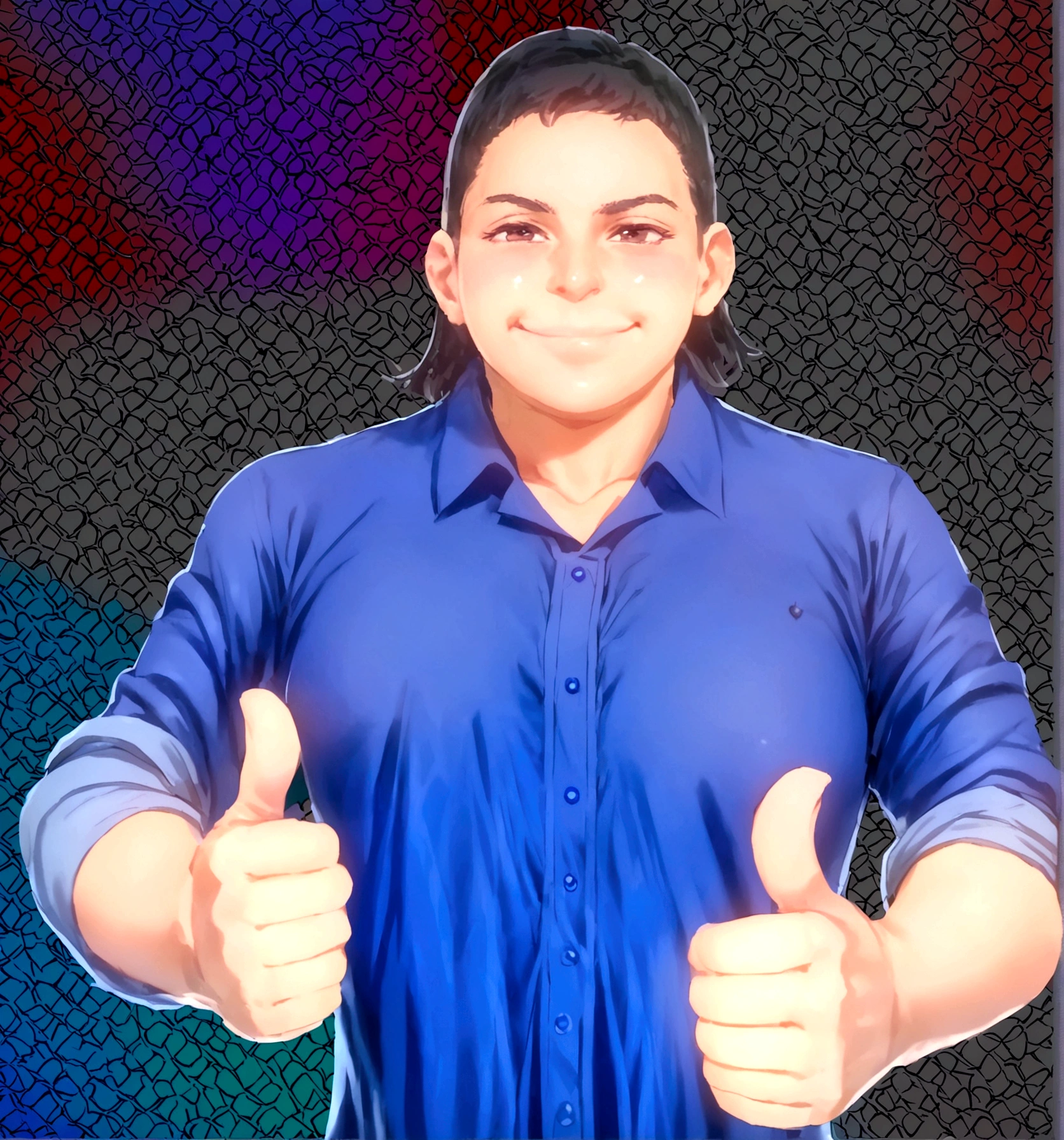 Giving a thumbs-up with both hands, shirt blue, low hair, Grinning, teacher 