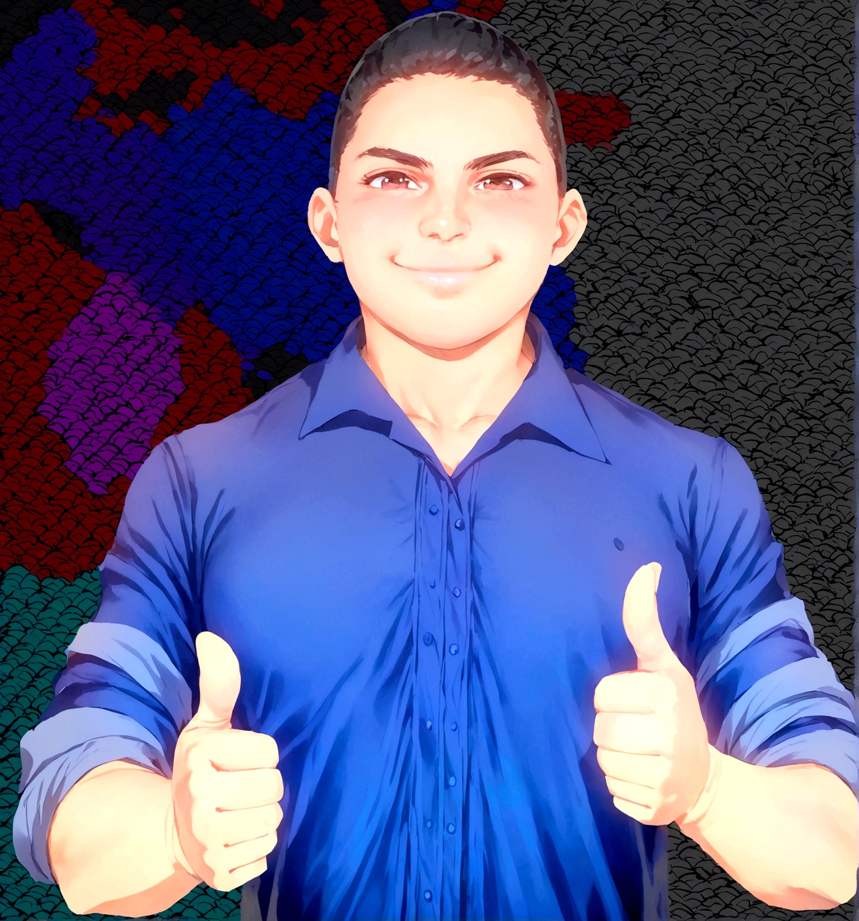 Giving a thumbs-up with both hands, shirt blue, low hair, Grinning, teacher 