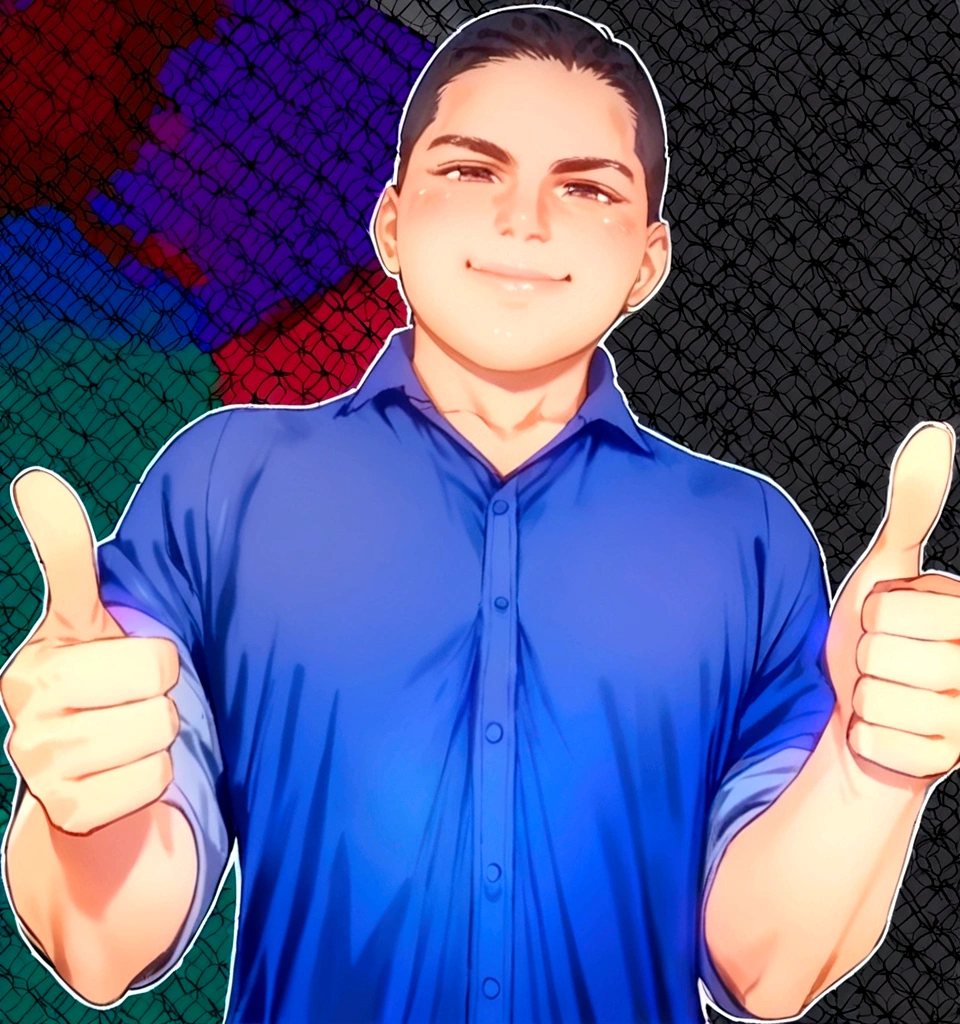 Giving a thumbs-up with both hands, shirt blue, low hair, Grinning, teacher 