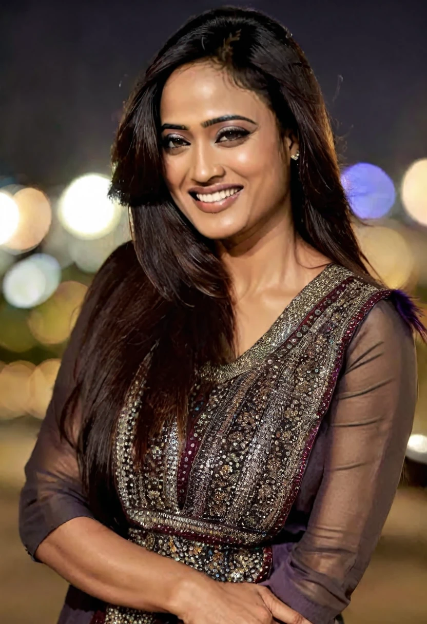 ultrarealistic close up photo of a thin woman, Shweta Tiwari, outdoors, realistic skin texture, sharp features, looking looking at camera, (Pants_kurta:1.2), smiling, night time, beautiful bokeh, bikini, film grain   