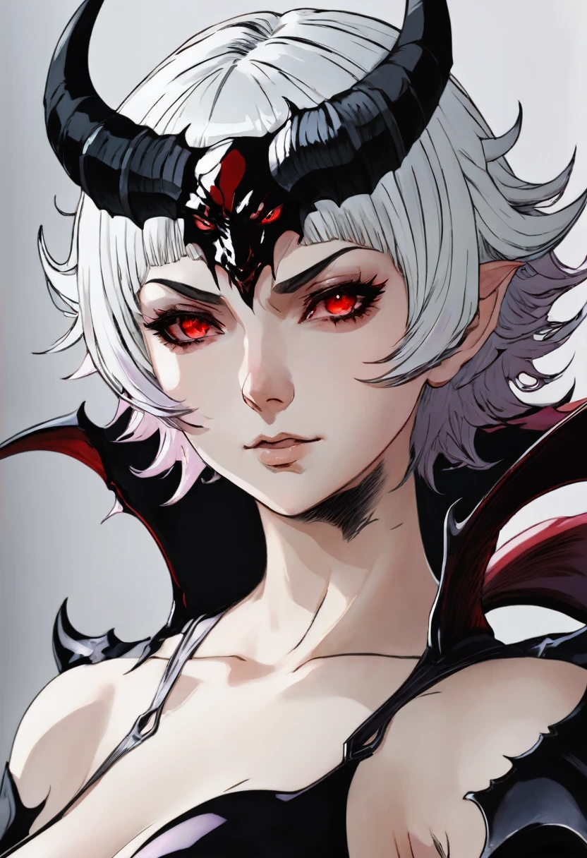 photo(portrait, from the front, close up, facing camera) of a woman(solo, succubus, short hair, wavy hair, white hair, pale skin, small nose, red eyes, cruel face, black horns, sadistic, violent, evil, perverted, grim, cold), hentai game, anime, best quality, masterpiece, maximum detail, high resolution