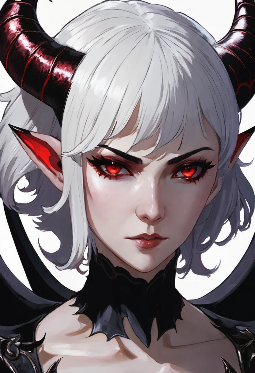 photo(portrait, from the front, close up, facing camera) of a woman(solo, succubus, short hair, wavy hair, white hair, pale skin, small nose, red eyes, cruel face, black horns, sadistic, violent, evil, perverted, grim, cold), hentai game, anime, best quality, masterpiece, maximum detail, high resolution