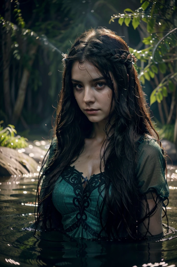 zrpgstyle, from_side from_below beautiful scary woman made of water (sadness expression:1.2) woman with (long water hair:1.2) rising out of the water moss smoke vines churning water fireflies midnight moonlight backlight (masterpiece:1.2) (best quality) (detailed) (intricate) (8k) (HDR) (wallpaper) (cinematic lighting) (sharp focus)
