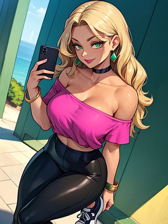 (4K quality), masterpiece, cinematic angle, (Best quality: 1.0), (Super High Resolution: 1.0), beautiful mature 36 year old woman, standing at approximately 5'1" tall, has long blonde hair, wavy hair, has tan-olive skin, light green eyes, has a beautiful smile, ((slim, petite)), her breasts are C-cup, (Is wearing a yellow off-shoulder top, glossy black leggings, emerald earrings, silver bracelets and white Nike sneakers), is wearing pink makeup, is wearing red lipstick, she's holding a cell phone
