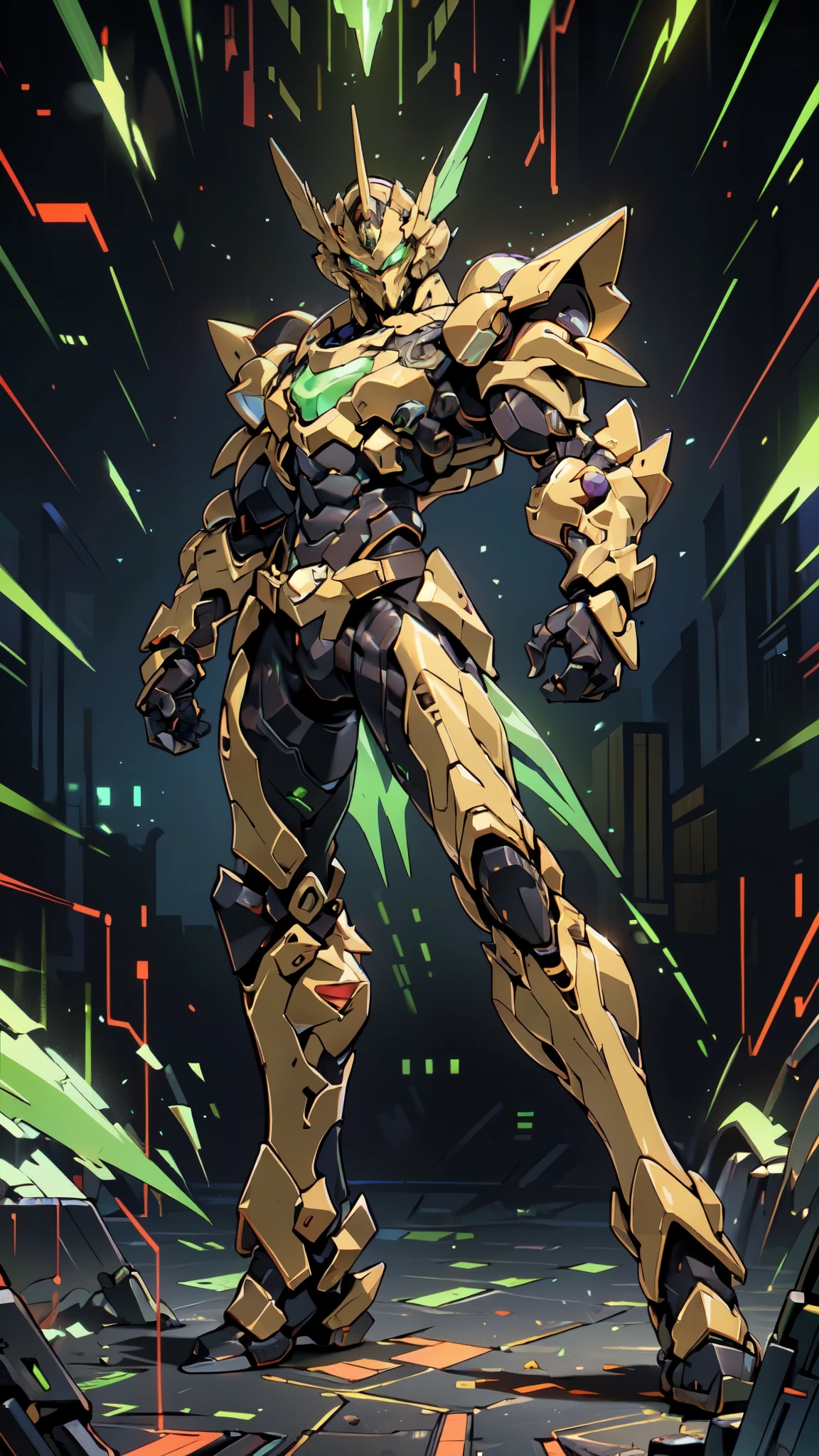 (masterpiece:1.5, best quality:1.5, extremely delicate:1.5, perspective:1.5, foreshortening:1.5, dynamic angle:1.5), a man wearing a full-face helmet, a fantasy-style biotech armored combat suit, green eyes, (a composite layered chest armor), fully enclosed shoulder guards, matching arm and leg guards, the belt is adorned with neon circuitry, (the color scheme is primarily black glow with green and red accents), the design balances heavy with agility, a high-tech bio-mecha armor, (Armor Concept Inspired by neon Cyberpunk, stand on the top of a skyscraper in a futuristic sci-fi city), this character embodies a finely crafted fantasy-surreal style armored hero in anime style, exquisite and mature manga art style, (battle damage, element, plasma, energy, the armor glows), ((male:1.5)), metallic, high definition, highres, ultra-detailed, ultra-fine painting, professional, perfect body proportions, golden ratio, anatomically correct, symmetrical face, extremely detailed eyes and face, high quality eyes, creativity, RAW photo, UHD, 32k, Natural light, cinematic lighting, masterpiece-anatomy-perfect