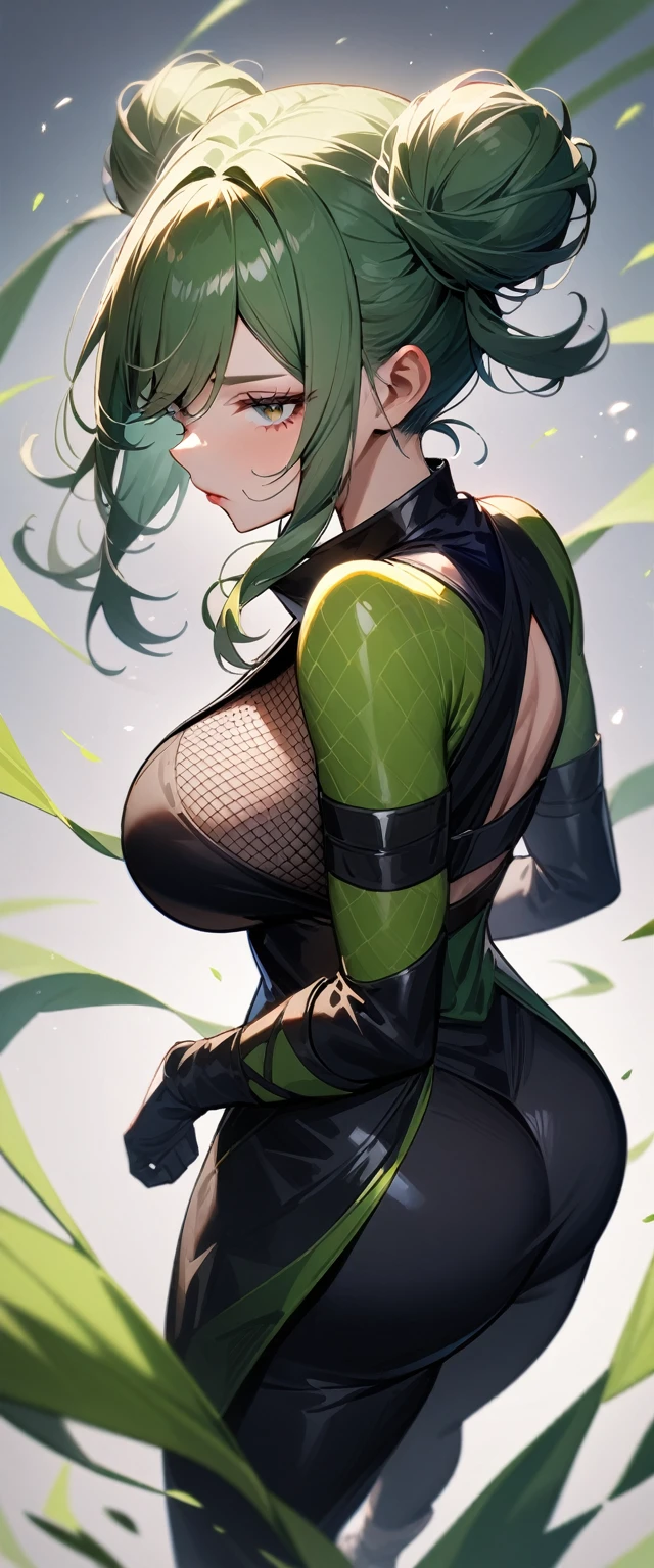 1girl,solo,super detailed skin,shiny skin,expressionless face,green hair,sidelocks,double bun,half open eye,eyelashes,lips gloss ,large breasts,asymmetry body suit,Shinobi clothes,black boots,fishnet,standing ,butt,simple background ,from behind ,wind magically ,masterpiece,best quality,ultra detailed,high resolution,sharp focus