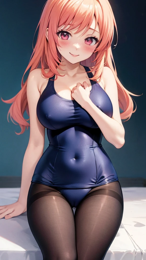 Highest quality, A very exquisite masterpiece, Anime art style, Cute Characters,  One piece swimsuit, Large Breasts, pantyhose, blush, smile, pussyfocus