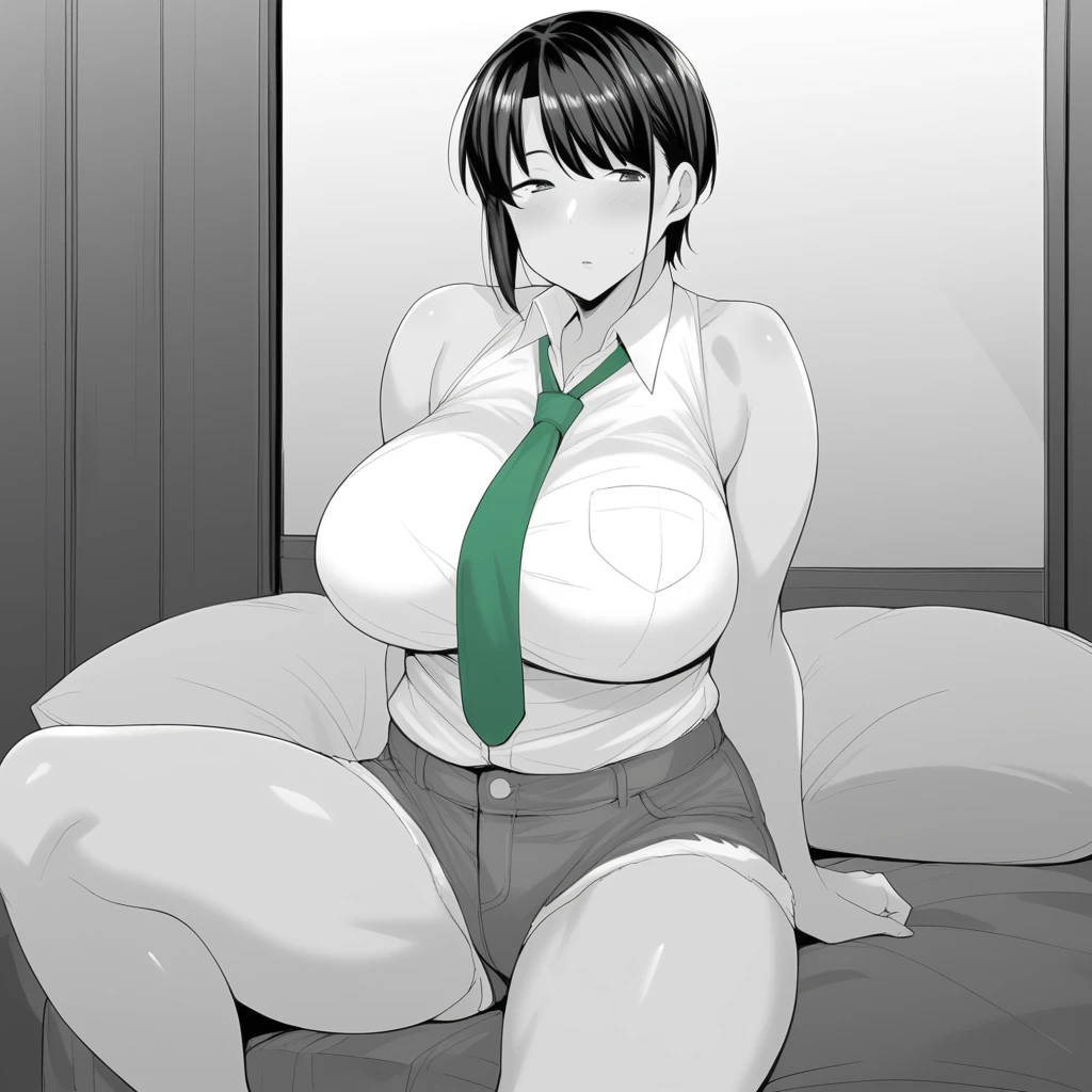 nanao yukiji style, greyscale, manga, 1girl(KanakoYoshino),solo, black hair, short hair, collared_shirt, sleeveless, green tie, large breasts, indoors, denim shorts