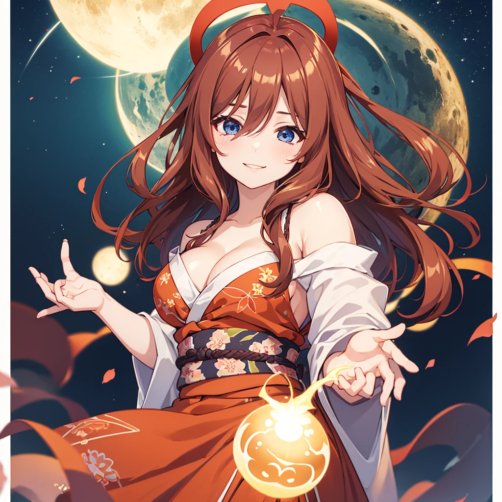 (Best quality:1.3), nakano miku, brown long hair, hair between eyes, off-shoulder yukata, cleavage, large round breasts, smiling, night background, pov)