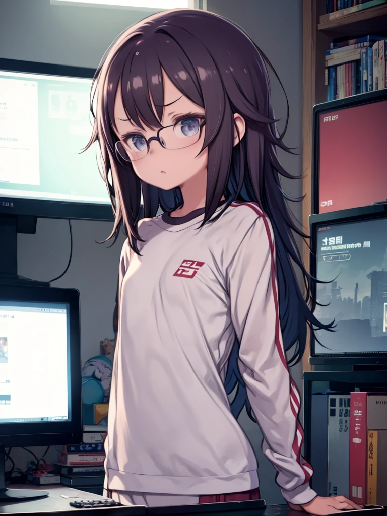 One Girl、Otaku、Geek、Messy room、Training wear、Jersey、Glasses、Sleepy eyes、Sulky look、Shaggy Hair、Bouncy hair、Watching the audience、Upper Body、computer、tv set、Looks dirty、