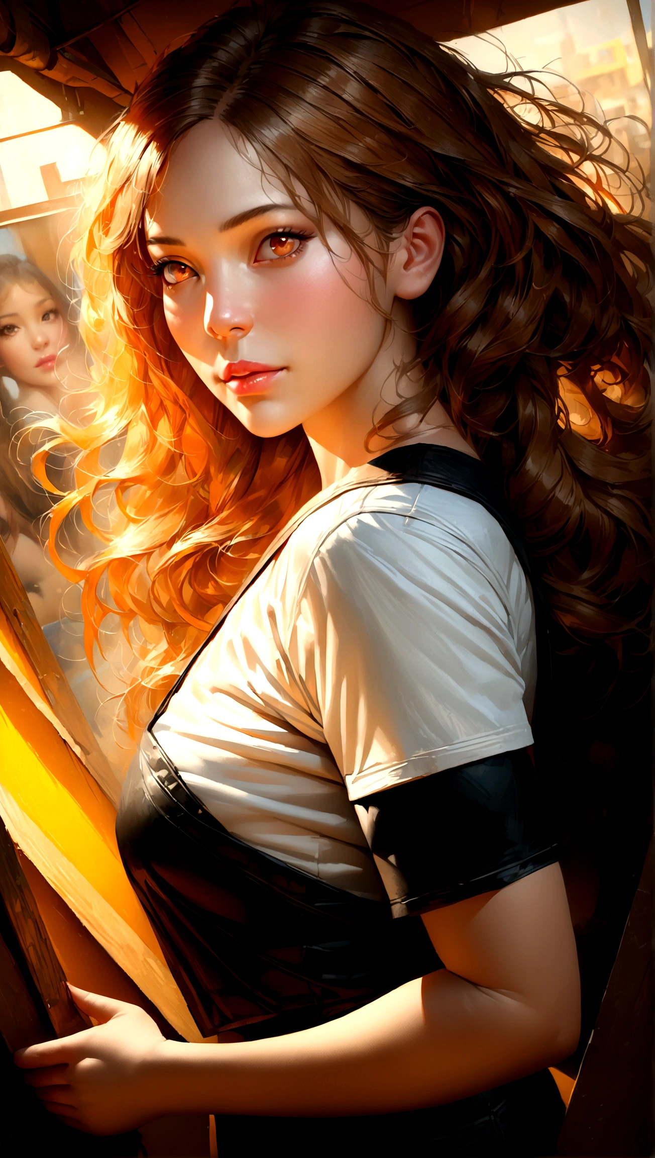 a girl with long golden hair, brown eyes, small nose, wearing black shorts and a big white t-shirt, detailed face, detailed eyes, detailed lips, beautiful detailed eyes, beautiful detailed lips, extremely detailed eyes and face, long eyelashes, (best quality,4k,8k,highres,masterpiece:1.2),ultra-detailed,(realistic,photorealistic,photo-realistic:1.37),portrait,natural lighting,warm colors,vibrant