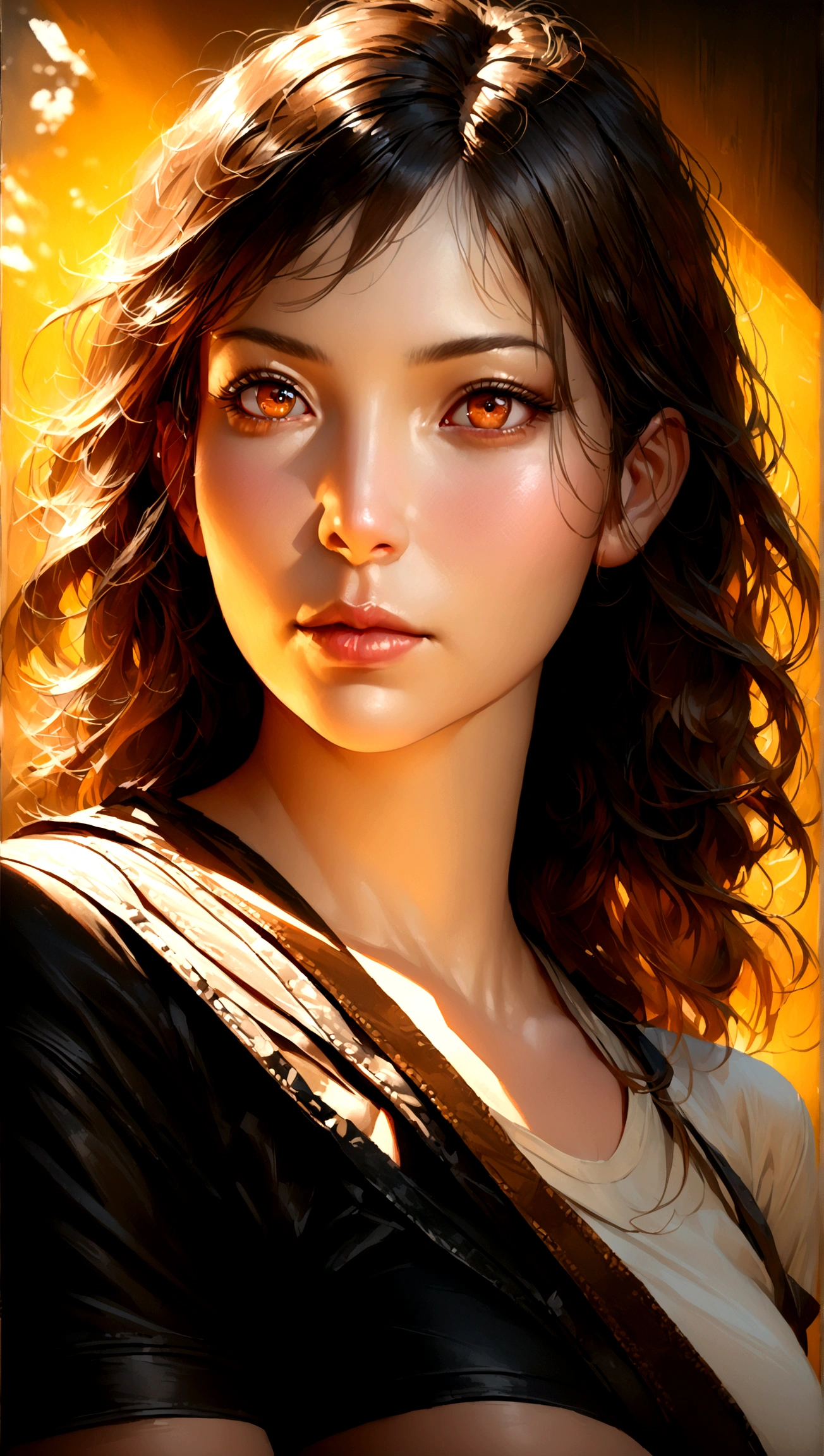 a girl with long golden hair, brown eyes, small nose, wearing black shorts and a big white t-shirt, detailed face, detailed eyes, detailed lips, beautiful detailed eyes, beautiful detailed lips, extremely detailed eyes and face, long eyelashes, (best quality,4k,8k,highres,masterpiece:1.2),ultra-detailed,(realistic,photorealistic,photo-realistic:1.37),portrait,natural lighting,warm colors,vibrant