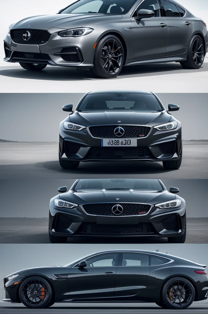 A car with fluid and elegant lines, with a wide front grille and thin, elongated headlights that give an air of sophistication and modernity