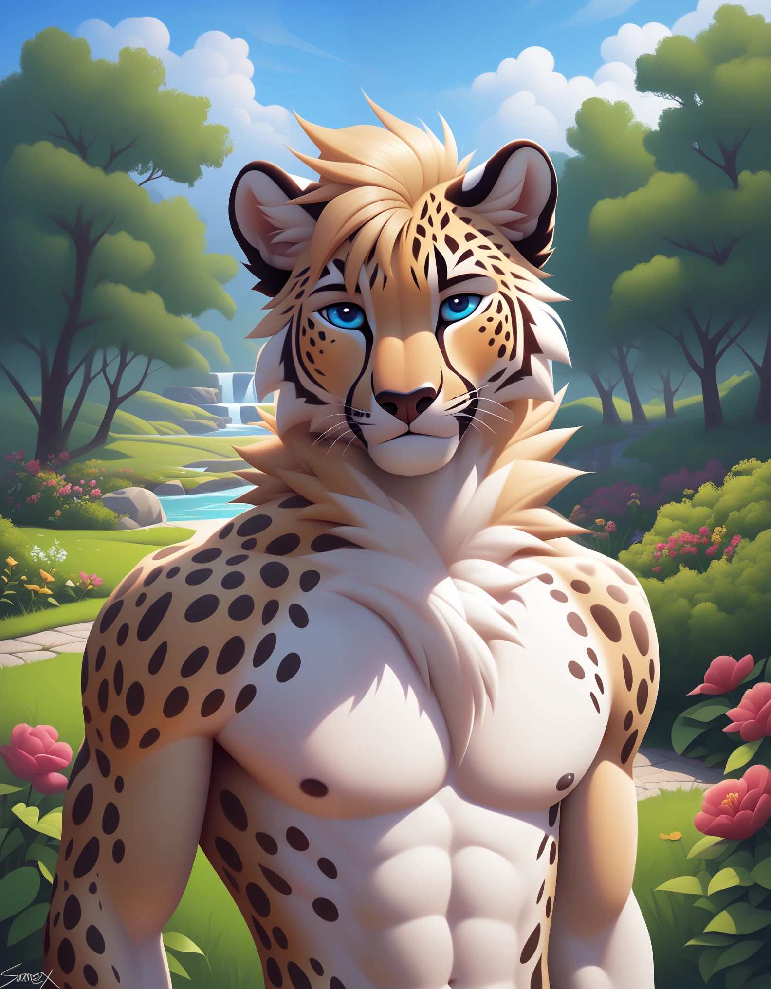 score_9, score_8_up, score_7_up, source_furry, rating_safe, by sigma_x, anthro, solo, male, wolf, white body, blue eyes, cheetah, spotted body, humanoid, outside, garden,