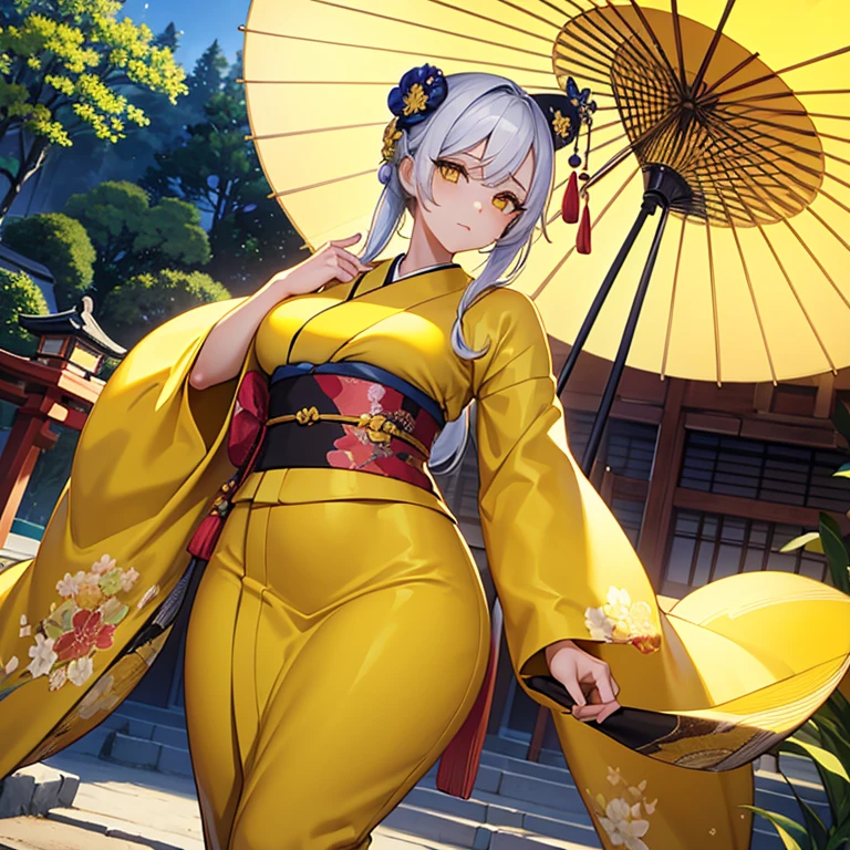 (detailed, masterpiece), 1 beautiful girl, alone, whole body, Facial beauty, Wide Hips, Sunburn, Long eyelashes, Curvy, Asymmetrical Hairstyles, Stylish hairstyle, Various hair colors, Yellow Eyes, Yellow kimono, lack of sex appeal, Do not expose thighs or breasts, whole bodyの肌を着物で隠す, Long kimono, Sense of luxury, Yellow theme, Japanese atmosphere, Brilliant, bright, hope, dazzling, Japanese Garden, Yellow Japanese umbrella