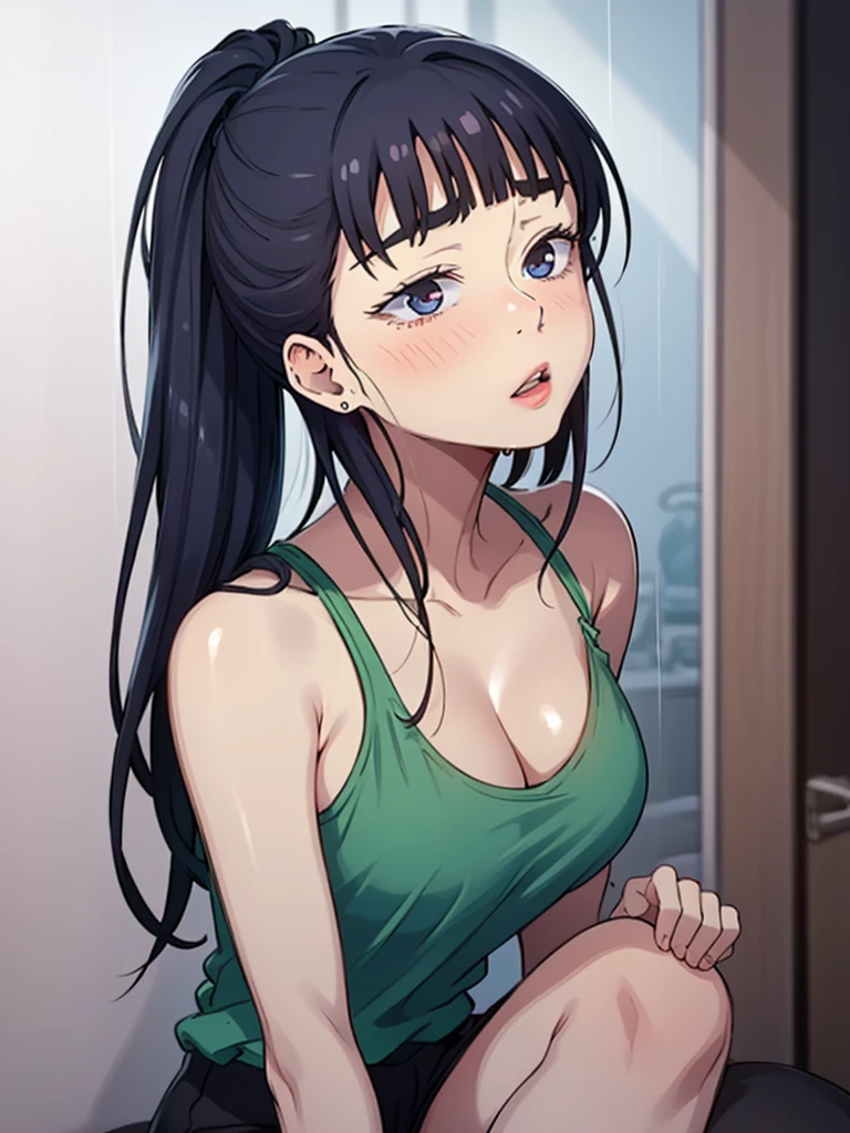 {8k image},  with intense rain，， 26-year-old girl，Raised sexy，drenched all over the body，clothes see-through:1.2,, c cup，Wet hair, woman brown wavy hair and a ponytail. torn clothes. (pink summer tank top), damaged clothes, Cleavage, exposed.  {looking directly at the viewer}, {facing forward}, {perfect anatomy}, {image focused only on the face}, {face portrait}, on knees in shower, medium sized breasts, looking up at viewer, black hair, dolfine shorts, wide hips