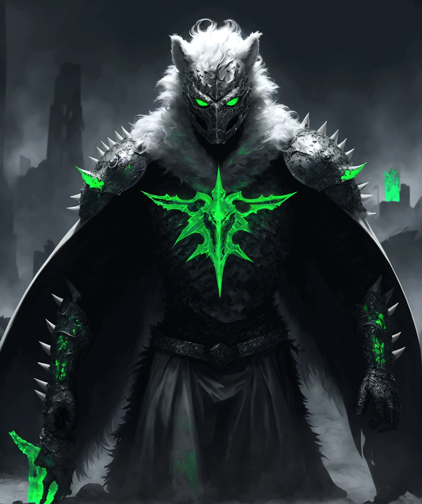 (extremely detailed 8k wallpaper), a medium shot photo of Grim dressed as a scary masked white and green furry-supervillain in a white and green spiked armour made of fur glowing armour with spikes from marvel, theme, intricate, high detail, dramatic, furry monster and destroyed buildings in the background